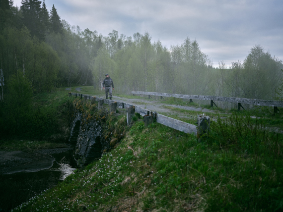 Vanha kivisilta, jonka päällä kulkee kapea polku ja puiset kaiteet. Sillan alla virtaa pieni puro tai joki. Ympärillä on vihreää nurmikkoa ja keväisiä puita, joiden lehdet ovat vaaleanvihreitä. Taustalla näkyy metsä ja kuvaan tuo tunnelmaa kevyt sumu.
